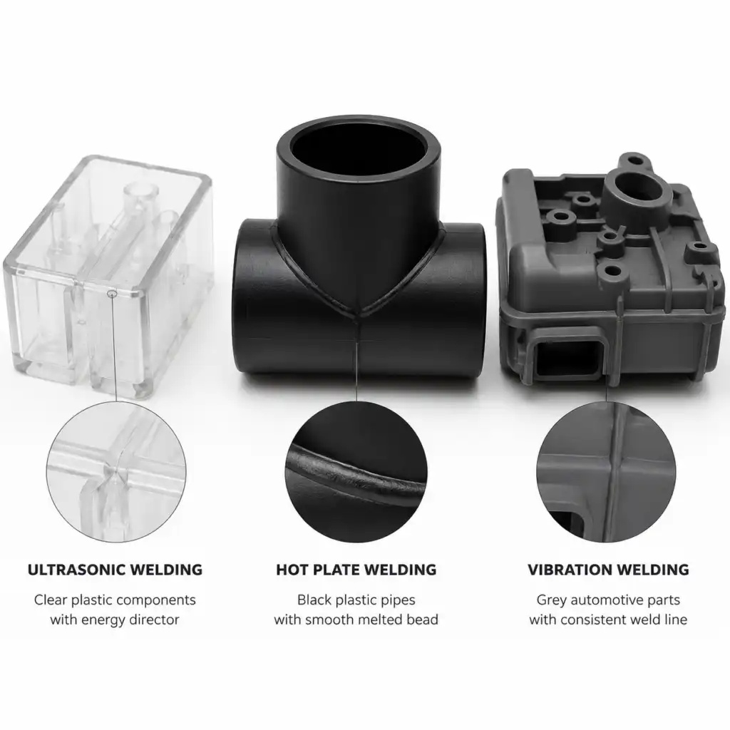 Présentation de différentes méthodes de soudage du plastique à l'aide d'échantillons illustrant des soudures par ultrasons, par plaque chauffante et par vibration