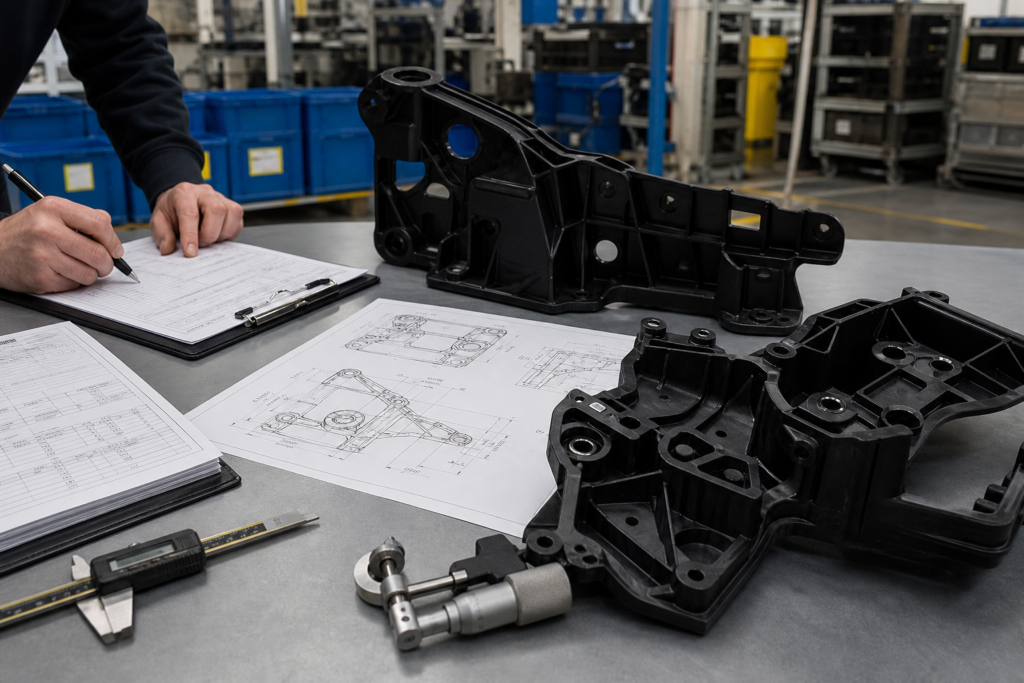 Analyse d'un fabricant de composants plastiques pour l'automobile, avec des plans de pièces moulées et une documentation de type PPAP