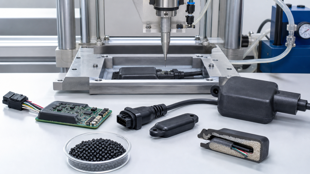 Procédé de moulage à basse pression pour des assemblages de câbles électroniques, des cartes de circuits imprimés, des connecteurs et des granulés de résine polyamide