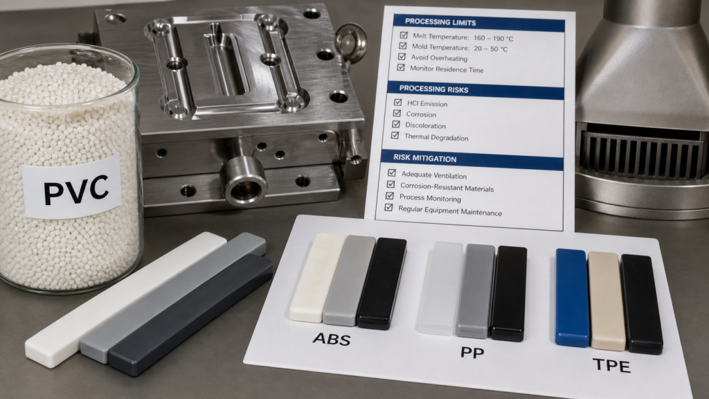 Liste de contrôle des risques liés au traitement des inserts de moules pour granulés de résine de PVC destinés au moulage par injection, et échantillons de matériaux alternatifs (ABS, PP, TPE)