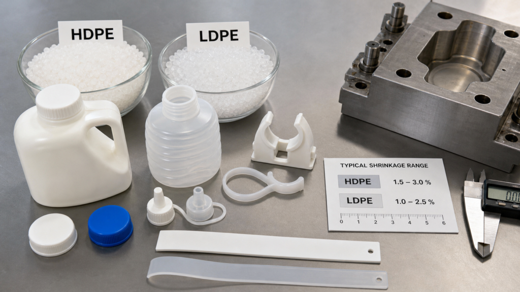 Granulés de résine pour pièces moulées par injection en polyéthylène haute densité (HDPE) et basse densité (LDPE), inserts de moule, carte de retrait et pieds à coulisse