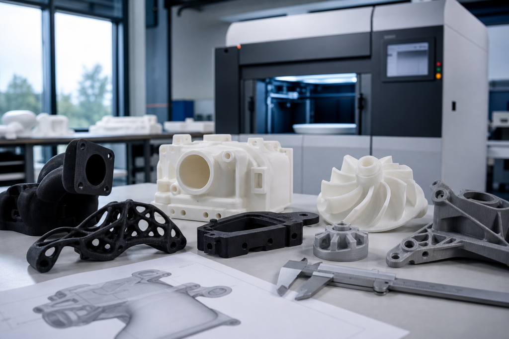 Pièces de rechange en nylon imprimées en 3D à l'aide d'une imprimante à lit de poudre et prototypes fonctionnels sur un établi