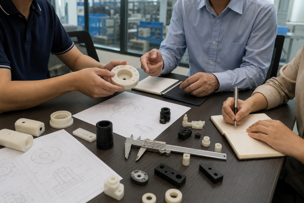 Nylon parts manufacturer meeting with custom nylon samples and supplier review documents
