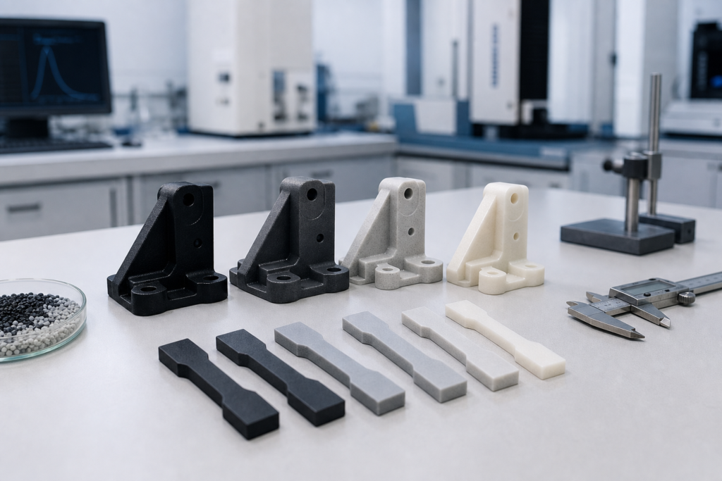 Échantillons de comparaison de nylon PA66 GF33, GF40 et GF60 à haute rigidité sur une paillasse de laboratoire