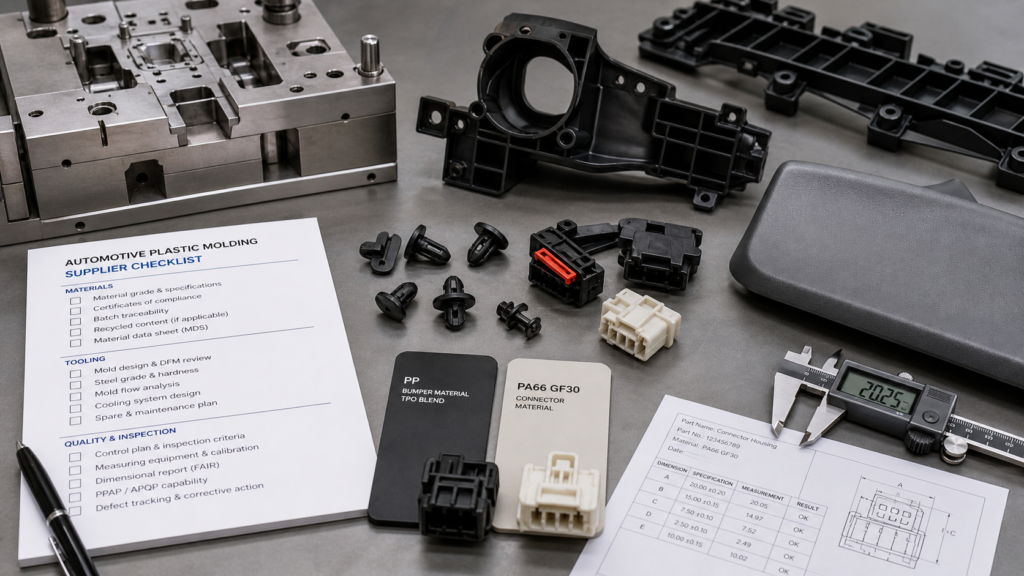 Pièces moulées en plastique pour l'automobile, avec échantillon de pare-chocs en PP, matériau de connecteur en PA66 GF30, insert de moule, liste de contrôle du fournisseur, rapport d'inspection et pieds à coulisse