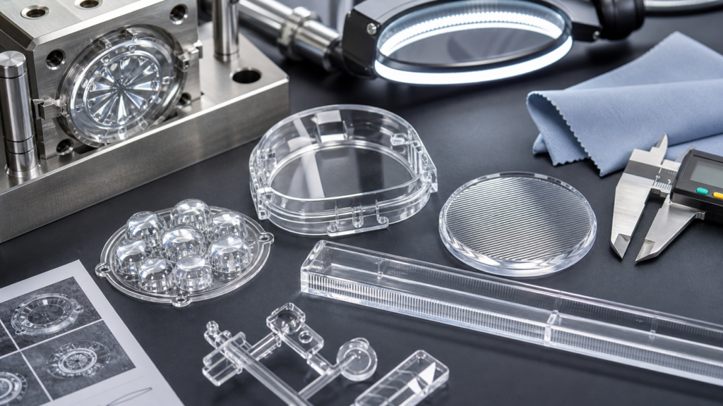 Pièces transparentes en PMMA moulées par injection : lentilles, guides de lumière, inserts de moule, lampes d'inspection et compas