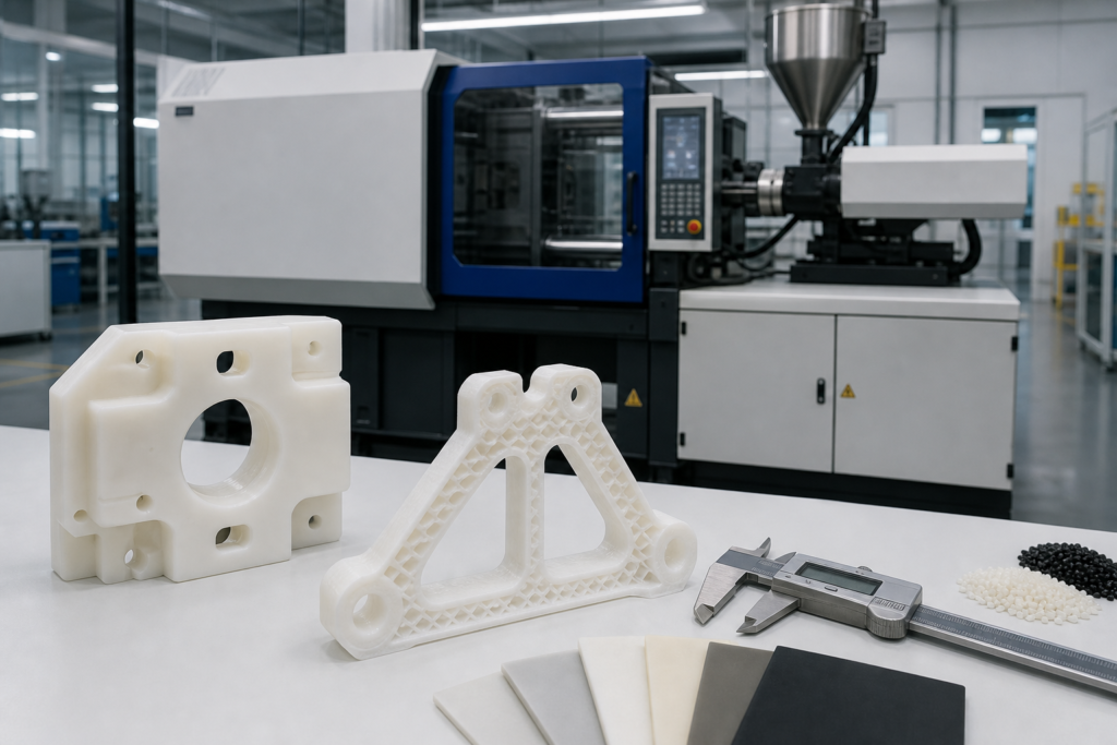 Scène illustrant la fabrication de pièces en nylon : moulage par injection, usinage CNC et impression 3D sur un même établi