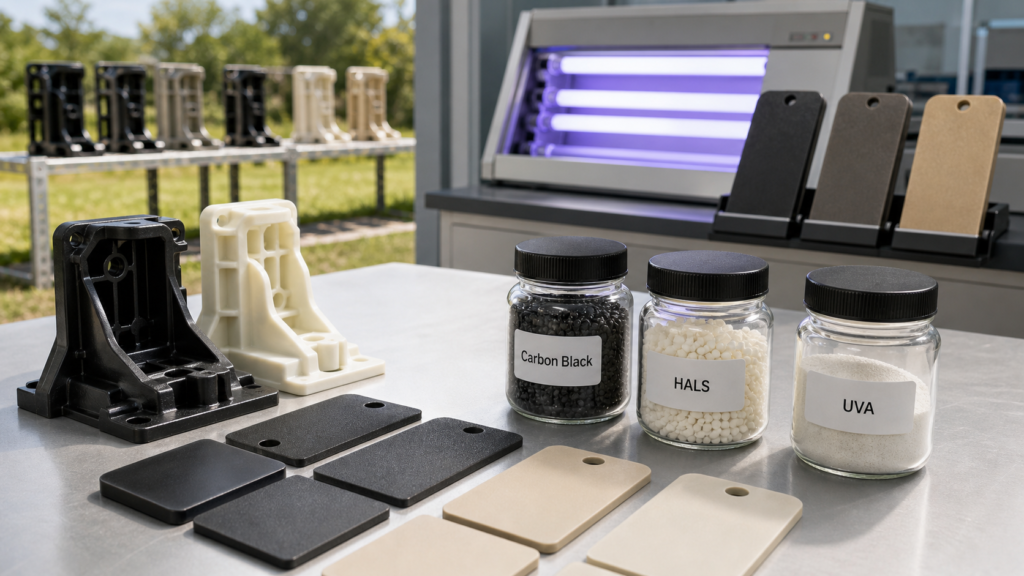 Échantillons de pièces d'extérieur en nylon stabilisé aux UV, contenant du noir de carbone, des HALS et des additifs anti-UVA, à côté d'un équipement d'essai de vieillissement aux UV
