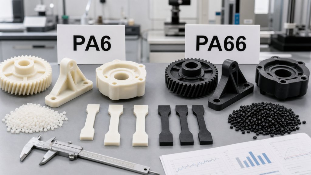 PA6 et PA66 : supports d'engrenages moulés par injection, barres de traction, granulés de résine et étriers pour le choix des matériaux en nylon