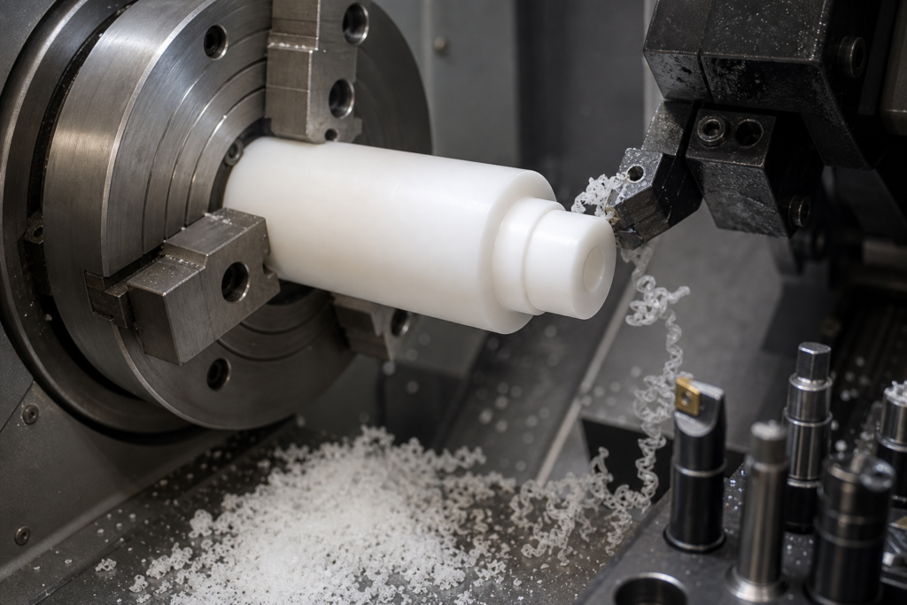 Service de tournage CNC de pièces en plastique : usinage d'une pièce cylindrique de précision en nylon