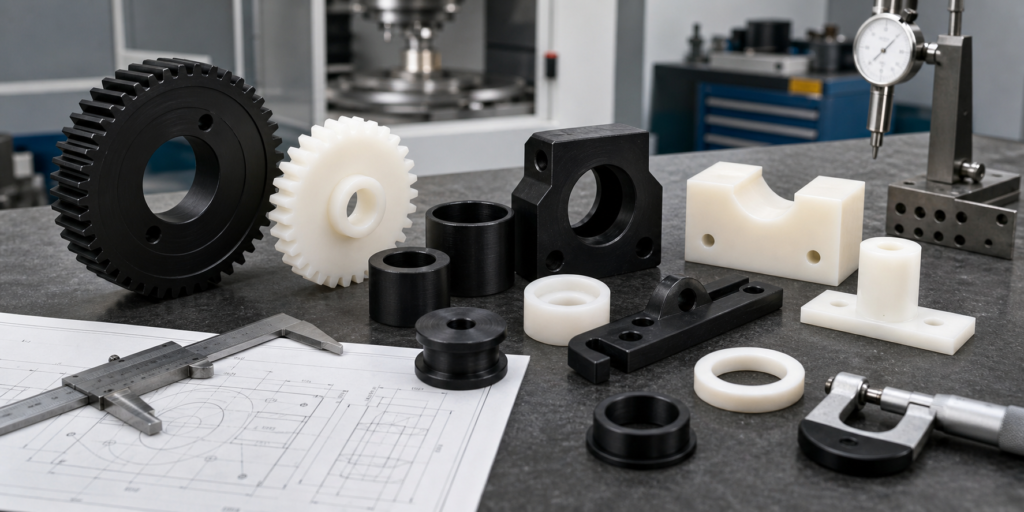 Présentation des services d'usinage CNC du Delrin, avec des pièces en acétal de haute précision et des outils de contrôle dimensionnel
