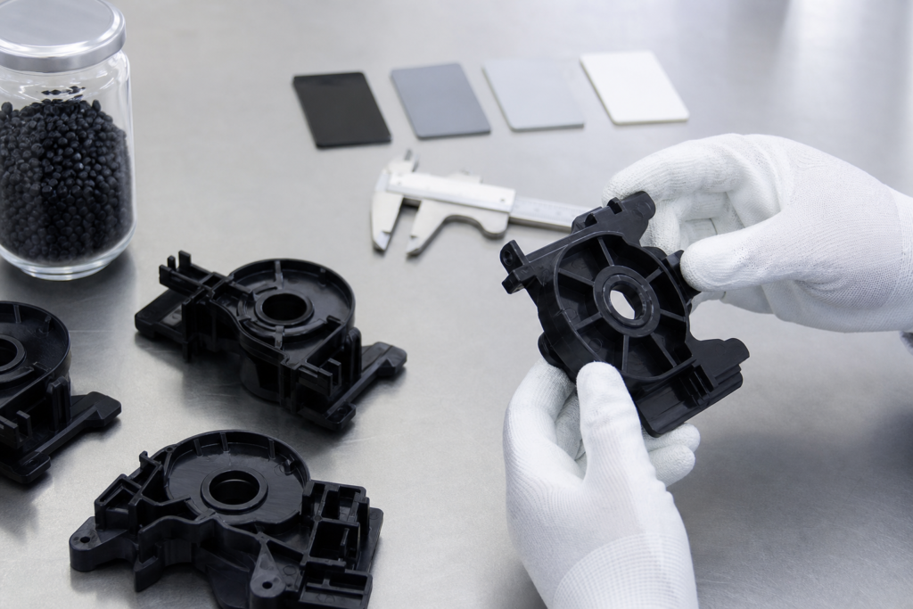 Scène de moulage de composants électroniques avec des boîtiers de connecteurs en plastique, des pièces adjacentes aux circuits et des outils d'analyse technique