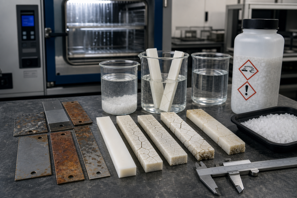 Nylon zinc chloride and road salt resistance testing with plastic samples, salt solution jars and lab tools