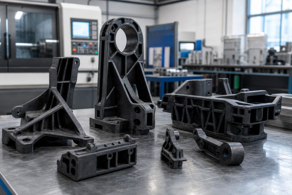 Présentation de l'usinage CNC multiaxial avec des pièces en plastique de précision, des dispositifs de fixation et une configuration d'usinage complexe