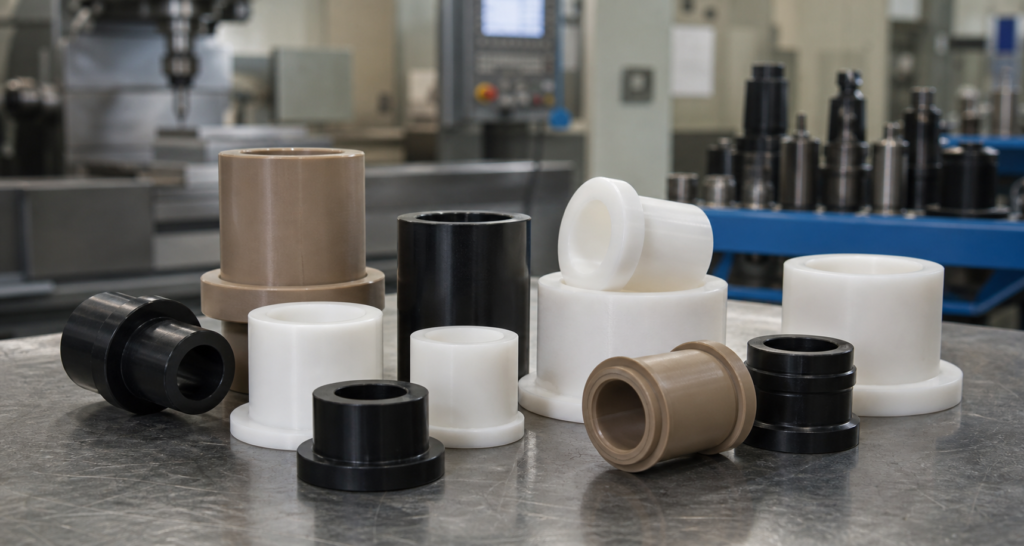 Custom plastic bushings manufacturer display with nylon, POM, UHMW, PTFE and PEEK bushing components