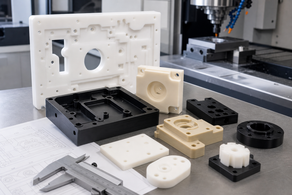 Présentation des services de fraisage CNC de matières plastiques, avec des exemples de composants polymères fraisés et des outils d'évaluation de l'usinage