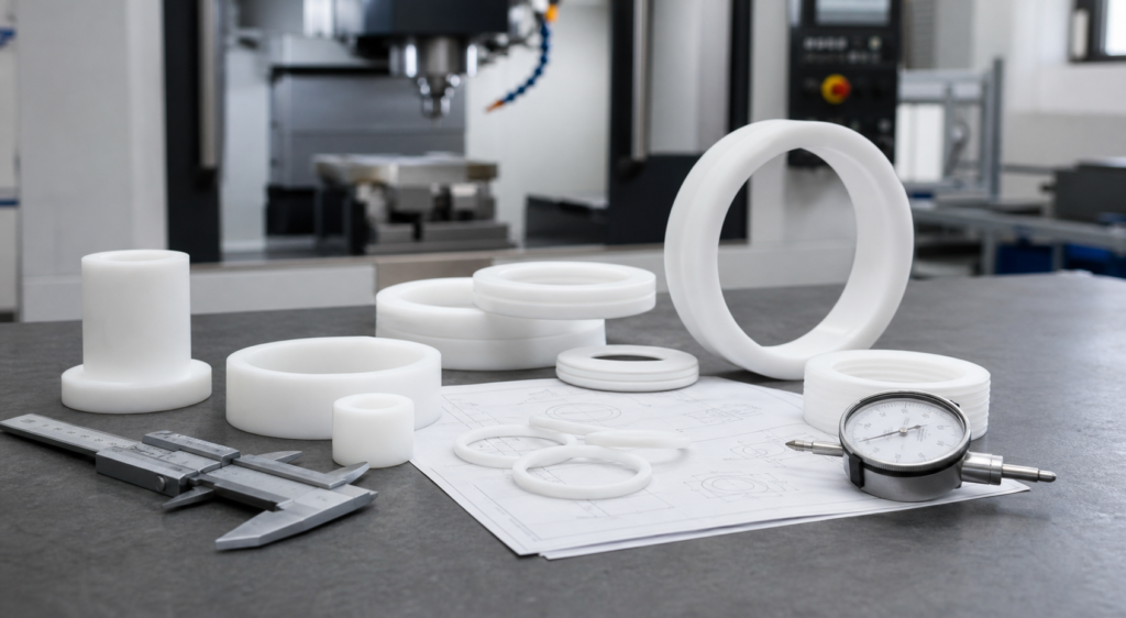 Présentation des services d'usinage CNC du PTFE, avec des composants en fluoropolymère blanc et des notes techniques