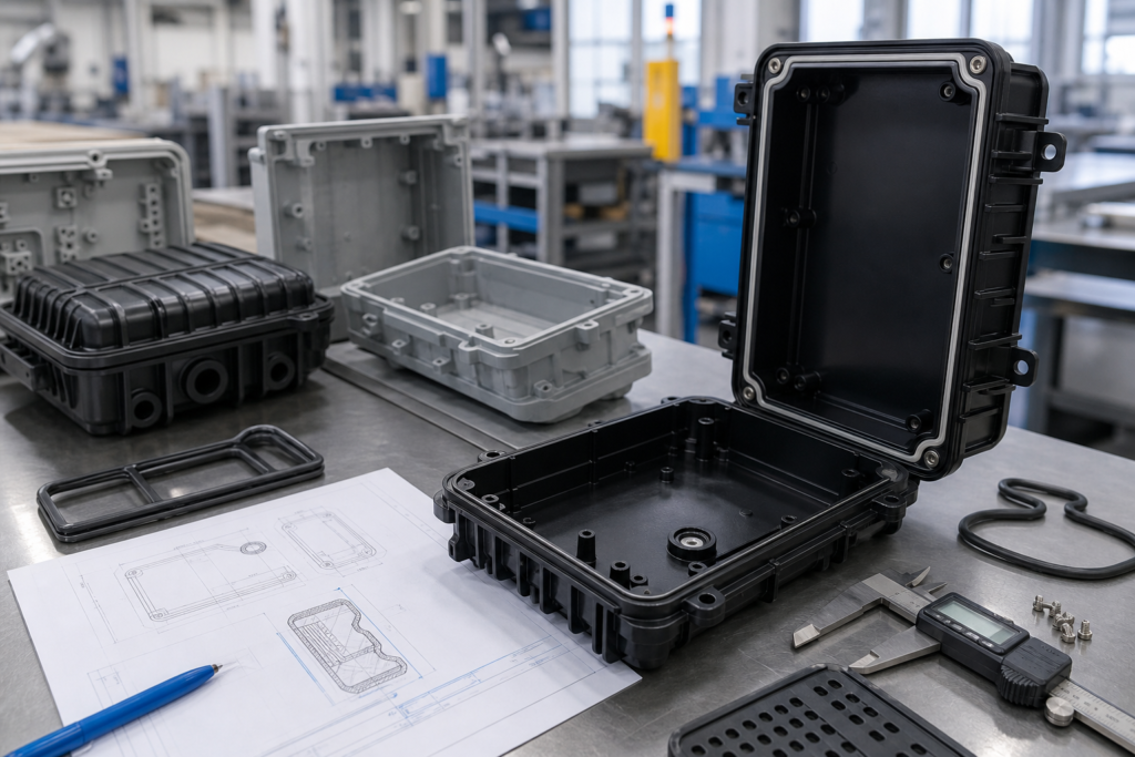 Fabrication de pièces en plastique pour équipements de télécommunications, comprenant des éléments de boîtier destinés à une utilisation en extérieur et des outils d'analyse technique
