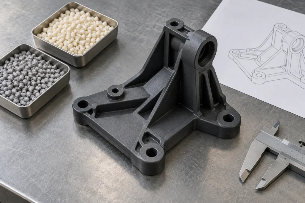 Engineering plastic part with two material samples, drawing and caliper
